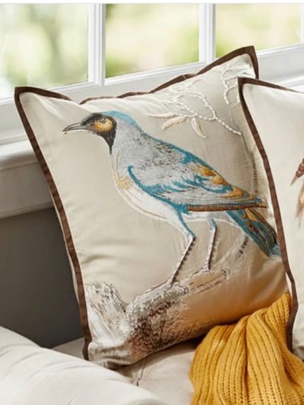 1 Pottery Barn BIRD Scientific Embroidered Crewel Throw PILLOW COVER 20" Blue PB